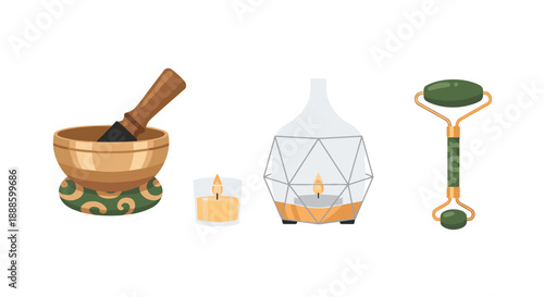 A vector illustration presents a collection of spa and wellness items, including a singing bowl, candle, essential oil diffuser, and a jade roller, perfect for relaxation and meditation.