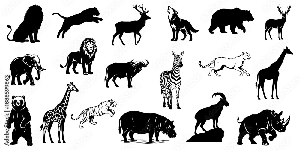 Obraz premium Mega set of wild animal silhouettes including lion, elephant, giraffe, zebra, tiger, bear, wolf and rhino isolated on transparent