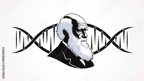 Charles darwin portrait with dna double helix illustration evolution concept