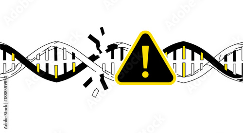A conceptual illustration depicts a damaged DNA strand with a warning sign, symbolizing genetic mutations, health risks, and scientific concepts related to biology and medical research.