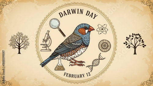 Darwin day illustration with bird microscope and dna on vintage background celebrating february 12