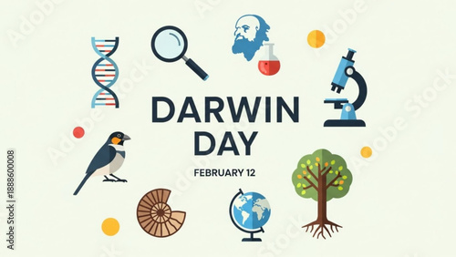 Darwin day celebration with science icons and symbols on beige background