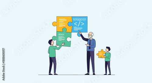 An illustration depicts a team of people, including two young individuals and an older man, assembling puzzle pieces representing coding and software development concepts within a technological