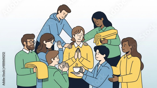 Diverse group of people sharing a moment of gratitude and support with a cup of hot beverage