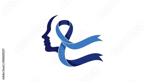 Dark blue human head silhouette with flowing light and dark blue ribbon symbolizing awareness and support on white background