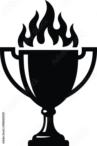 Trophy cup with fire flames silhouette, burning award icon for peak performance and success vector