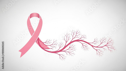 Pink breast cancer awareness ribbon with blood vessel illustration on white background for health campaign
