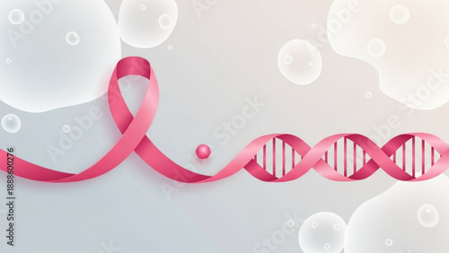 Pink ribbon and dna double helix on light background with bubbles symbolizing breast cancer awareness and genetic research