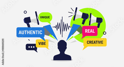 An illustrated representation depicts a person with thoughts and ideas emanating from them, surrounded by speech bubbles conveying concepts like authentic and creative vibes.