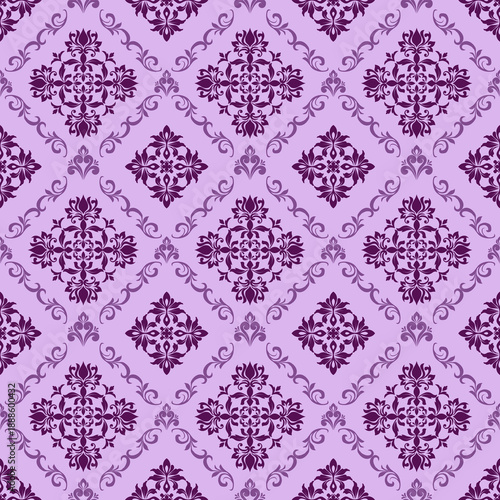 Seamless damask pattern with ornate floral ornaments and elegant scroll details in deep purple tones on a light lavender background. Classic and decorative style, for luxury and vintage designs