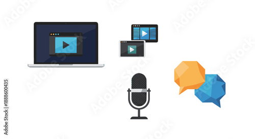 A collection of digital technology icons, including a laptop, tablet, and microphone, representing online video production, communication, and digital media in a modern, flat design style.