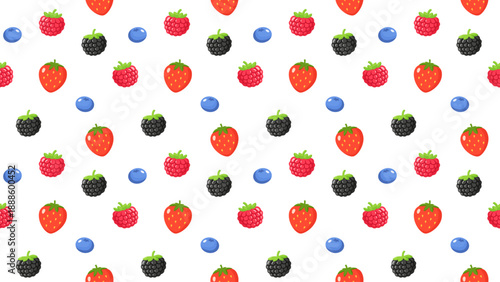 Seamless fruit pattern featuring strawberries, raspberries, blackberries, and blueberries in a playful flat illustration style on a clean white background. Bright, fresh, and cheerful design
