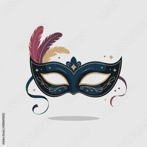 Ornate Blue and Gold Mask with Feathers and Swirls