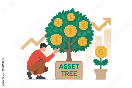 Person Tending to a Tree with Dollar Coins as Leaves Labeled Asset Tree