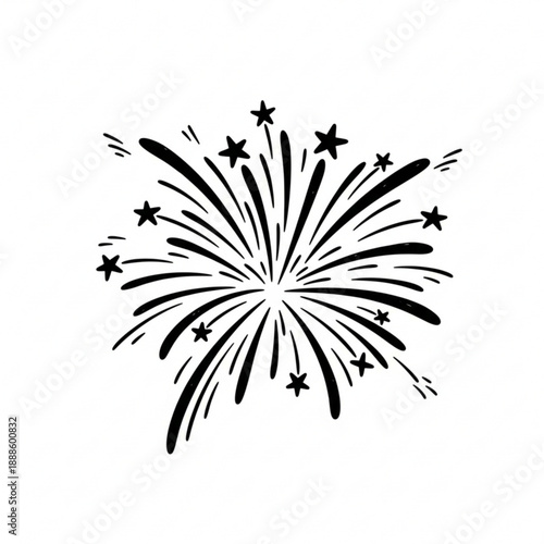 Hand drawn black and white doodle illustration of a festive fireworks explosion with stars.