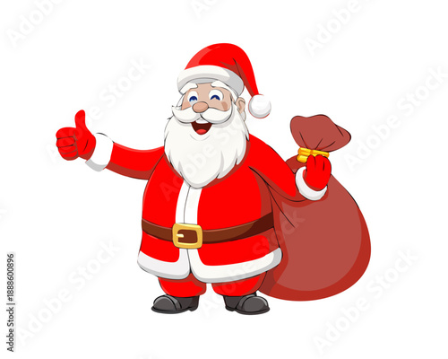 Merry cartoon Santa Claus with a red hat and white beard carries a heavy gift bag and presents in this festive holiday vector illustration isolated on white