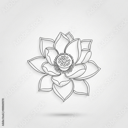 Elegant black and white line art drawing of a lotus flower with detailed petals and seed pod, featuring a subtle shadow effect on a light grey background.