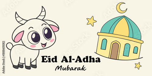 Eid Al-Adha Mubarak Greeting with Cute Goat and Mosque Illustration