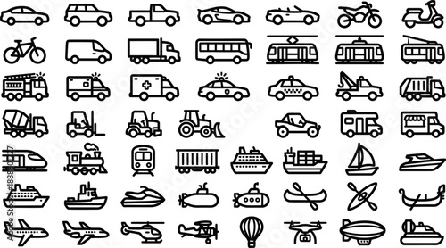 Transportation vehicle icon set, featuring vector glyph pictograms of travel, transit, public transport, car, bus, train, bicycle, boat, airplane silhouette illustration, logistics, commute, cargo 