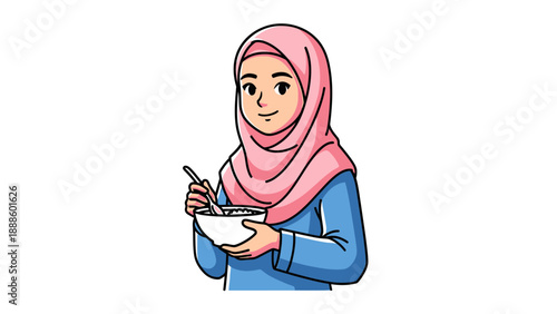 Young Muslim Woman Wearing Hijab Eating Breakfast From Bowl.