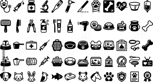 Collection of veterinary and pet care line icons representing animal health services and medical supplies