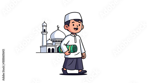 Young Muslim boy holding prayer mat walking towards mosque.