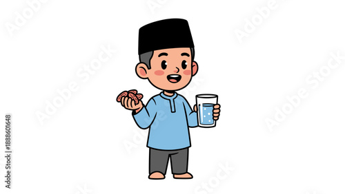 Cute Muslim Boy Wearing Traditional Clothes Holding Dates and Water.