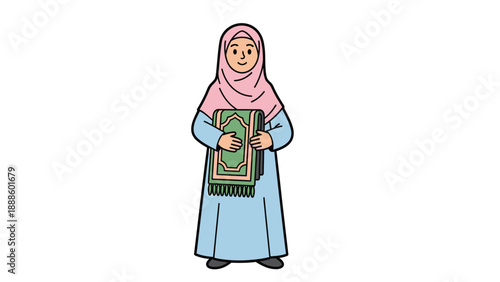 Young Muslim Girl Holding Quran and Prayer Mat.