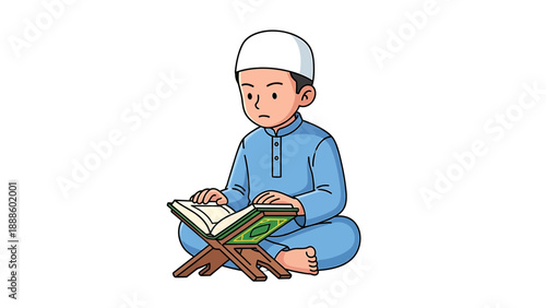 Young Muslim boy reads the Quran on a stand.