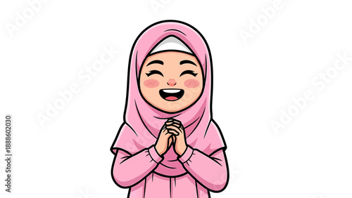 Happy Muslim Girl in Pink Hijab Smiling Joyfully.