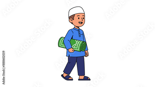 Young Muslim Boy Walking with Prayer Mat.