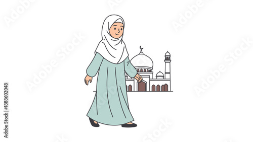 Young Muslim Woman Wearing Hijab Walking Near Mosque Illustration.