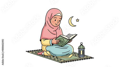 Muslim Woman Reading Quran on Prayer Mat During Ramadan.