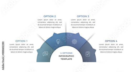 Semi circular infographic with four connected segments, icons and option labels, showing a step by step business or process concept