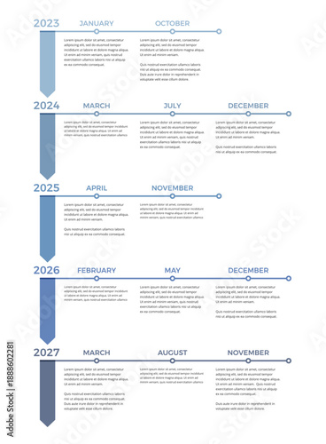Vertical business timeline infographic with five yearly milestones and monthly points