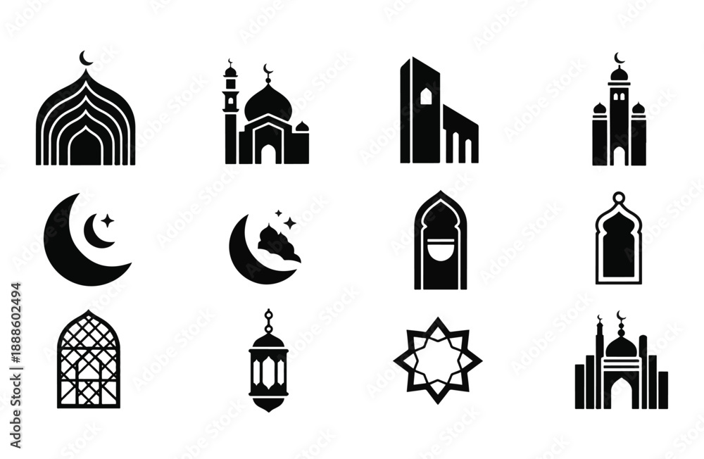 Obraz premium Premium Islamic Architecture Symbols Icon Set - 12 Icons for Mosque Domes, Ramadan Kareem, Eid Mubarak, and Spiritual Branding Design