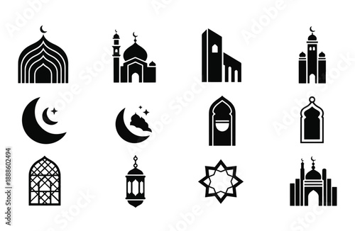 Premium Islamic Architecture  Symbols Icon Set - 12  Icons for Mosque Domes, Ramadan Kareem, Eid Mubarak, and Spiritual Branding Design