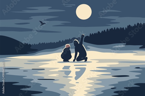 Two figures gaze at the full moon over water