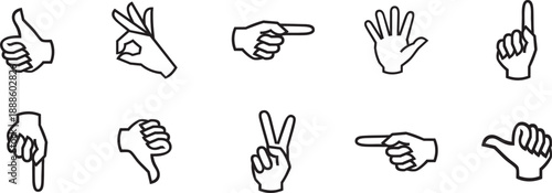 Hand gesture icon set with pointing, thumbs, and sign symbols. Minimal outline hands showing directions, approval, and communication gestures. Ideal vector elements for UI, instructions, infographics,
