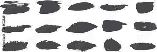 Black paint brush stroke shapes in a versatile abstract collection. Rough hand-painted swatches with organic edges and artistic texture. Ideal for logos, typography backdrops, overlays, posters, brand