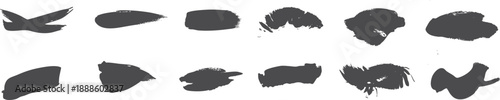 Black paint brush stroke shapes in a versatile abstract collection. Rough hand-painted swatches with organic edges and artistic texture. Ideal for logos, typography backdrops, overlays, posters, brand