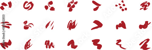 Red paint splatter and brush stroke elements with abstract expressive shapes. Dynamic artistic marks suggesting motion, energy, and creative accents. Ideal for modern backgrounds, overlays, posters, b