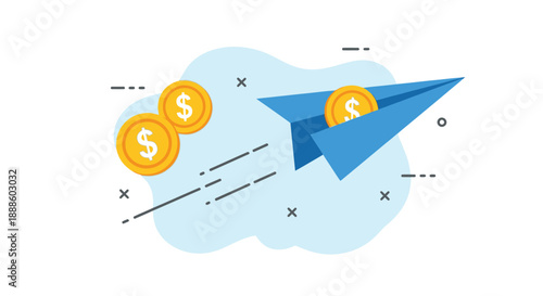 Fast Money Delivery: Paper Airplane With Coins Flying Through a Dynamic Finance Scene