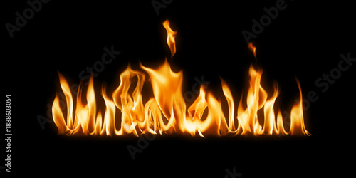 Burning fire flame on black background with intense glow and heat for dramatic energy danger and power themed design concepts