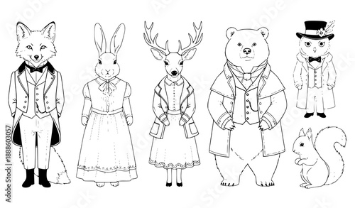 Victorian forest animals vector illustration set with elegant storybook characters