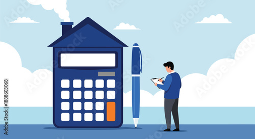 Businessman With Giant Calculator Building Concept in Blue Sky Finance Theme
