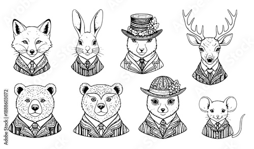 Anthropomorphic forest animals in Victorian costumes vector illustration set