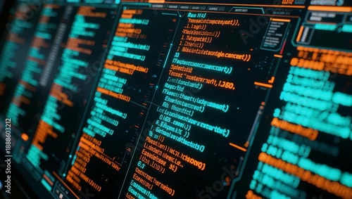 Technology background, programming code against a computer. screen flow of source code. data flow communication, network, privacy concept, 4k animated video