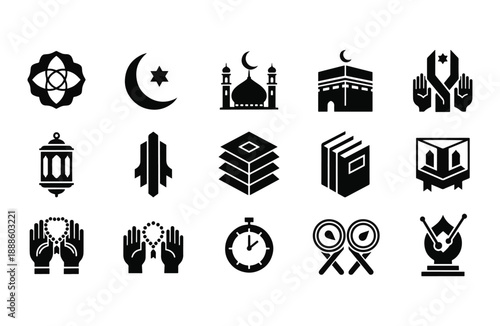Premium Islamic Symbols Icon Set - 15  Icons for Hajj  Umrah, Kaaba, Mosque, Holy Quran, Ramadan Kareem, and Spiritual Celebration Design