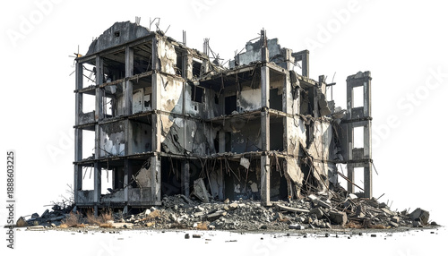 Ruined multi-story concrete structure, heavily damaged with visible debris